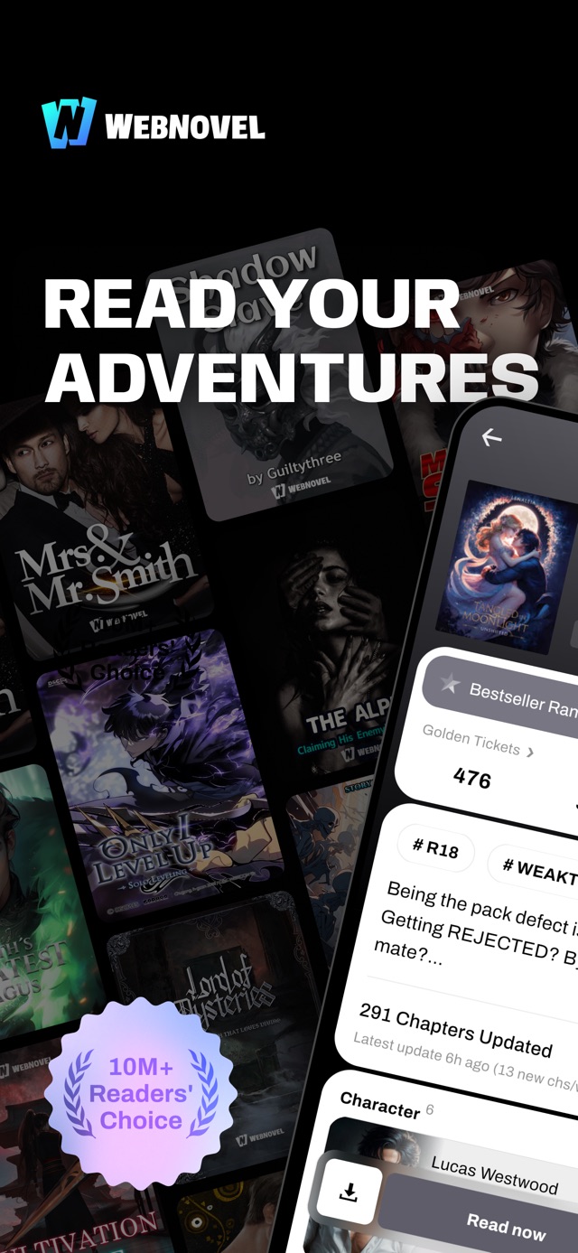 品牌宣传页:READ YOUR ADVENTURES 主视觉,背景是 Shadow Slave、Only I Level Up、Lord of Mysteries 等作品的封面墙,右下角有 10M+ Readers' Choice 徽章
