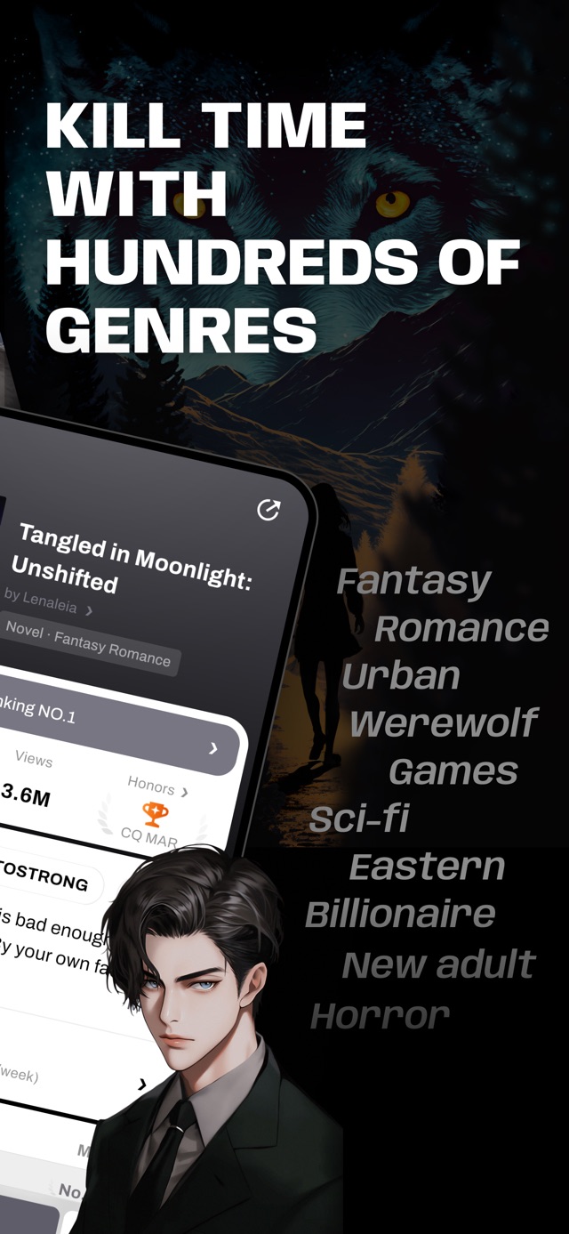 分类宣传页:KILL TIME WITH HUNDREDS OF GENRES,列出 Fantasy、Romance、Urban、Werewolf、Games、Sci-fi、Eastern、Billionaire、New adult、Horror 十类
