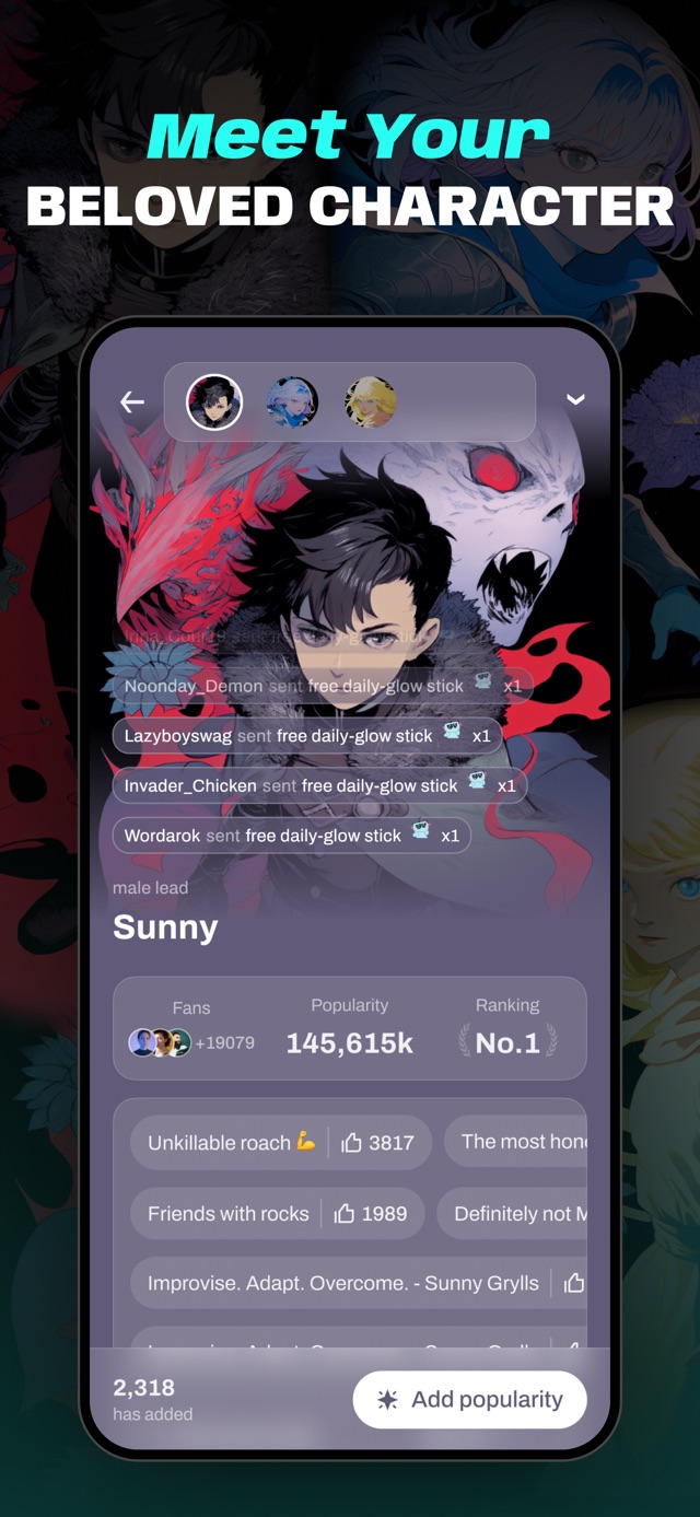 角色人气页:男主角 Sunny 的角色卡片,显示 Fans +19079、Popularity 145,615k、Ranking No.1,上方滚动着粉丝送出的 free daily-glow stick 消息,下方是角色印象标签和 Add popularity 按钮